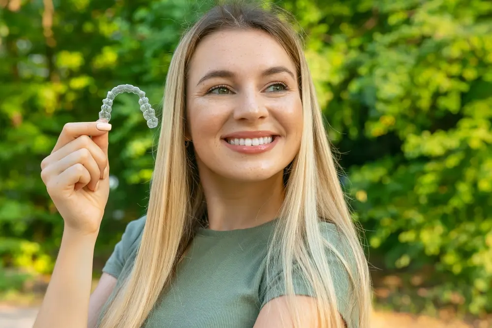 Smiling woman holding up a clear aligner